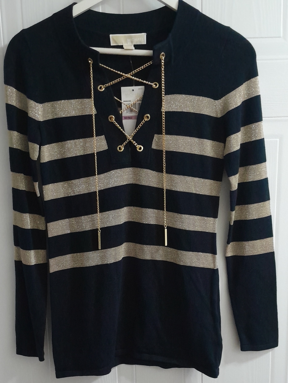 MICHAEL Michael Kors Navy Long-Sleeve Striped Lace-Up Top with Gold Accents